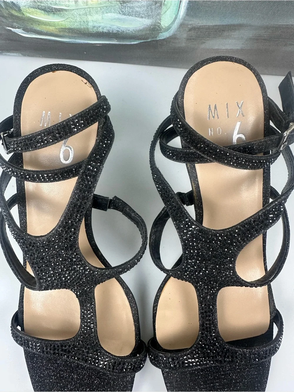 Mix No. 6 Black Glitter Strappy Stiletto Heels